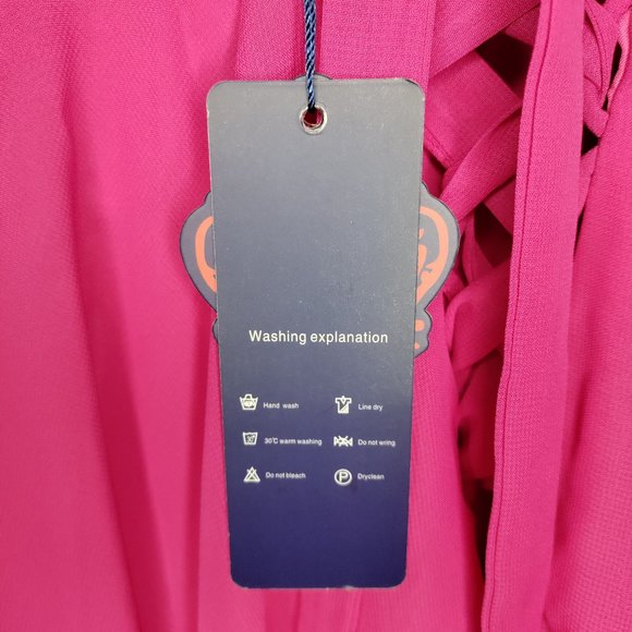 V Neck Midi Dress Chiffon Aline Pleat Lace Up Back In Pink - Picture 9 of 12